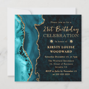 Eleganter Aquamariner und Gold Glitzer Agate 21. G Einladung