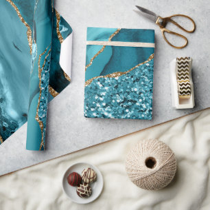 Eleganter Aquamariner und Gold Glitzer Ocean Agate Geschenkpapier