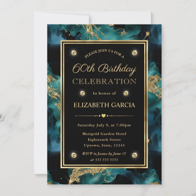 Eleganter Aquamariner und Gold Glitzer Tinte 60. G Einladung (Vorderseite)