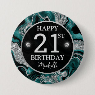 Eleganter Aquamariner und Silberner Glitzer Agate Button