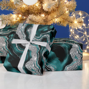 Eleganter Aquamariner und Silberner Glitzer Agate Geschenkpapier