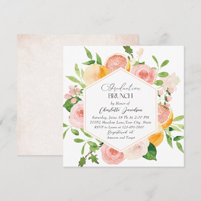 Eleganter Aquarell Citrus Pink Blume Abschluss Einladung (Vorne/Hinten)