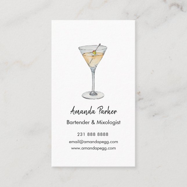 Eleganter Aquarell Martini-Barkeeper, Mixologe Visitenkarte (Vorderseite)