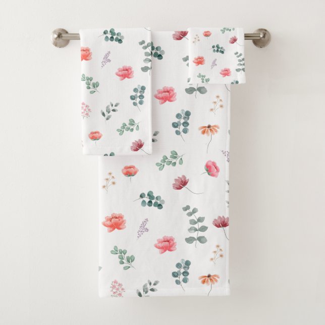 Eleganter Aquarell-Wildblume Badhandtuch Set (Insitu)