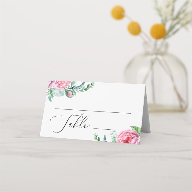Eleganter Aquarellgarten Hochzeit Rosa Boho Platzkarte (Vorderseite)