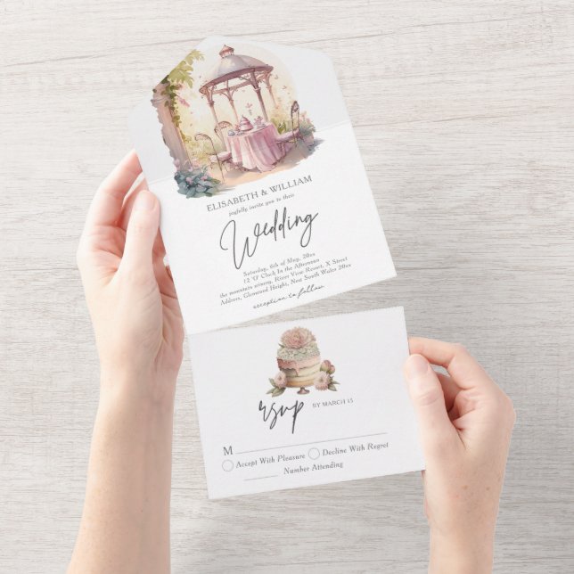 Eleganter Aquarellgarten Hochzeit UAwg All In One Einladung (Abreißen)