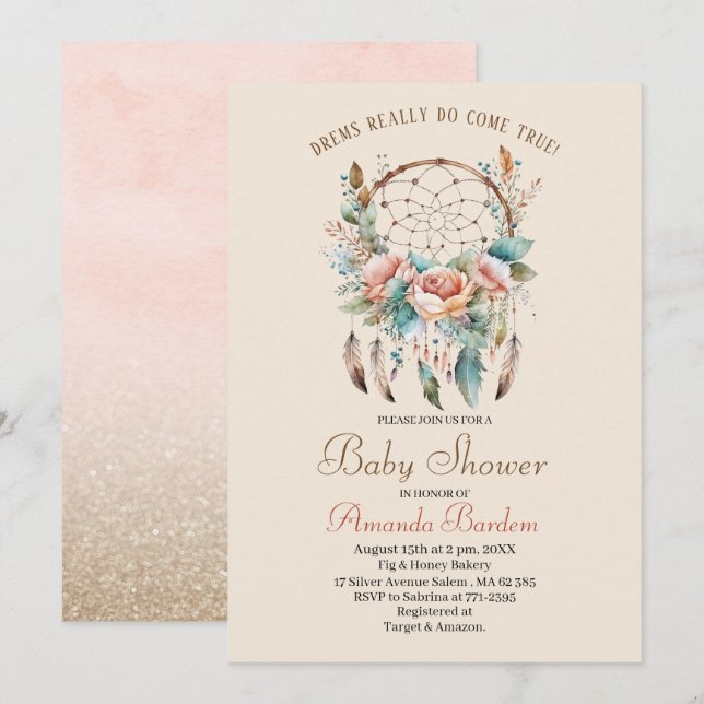 Eleganter Aquarelltraumfänger und Blume Einladung (Vorne/Hinten)