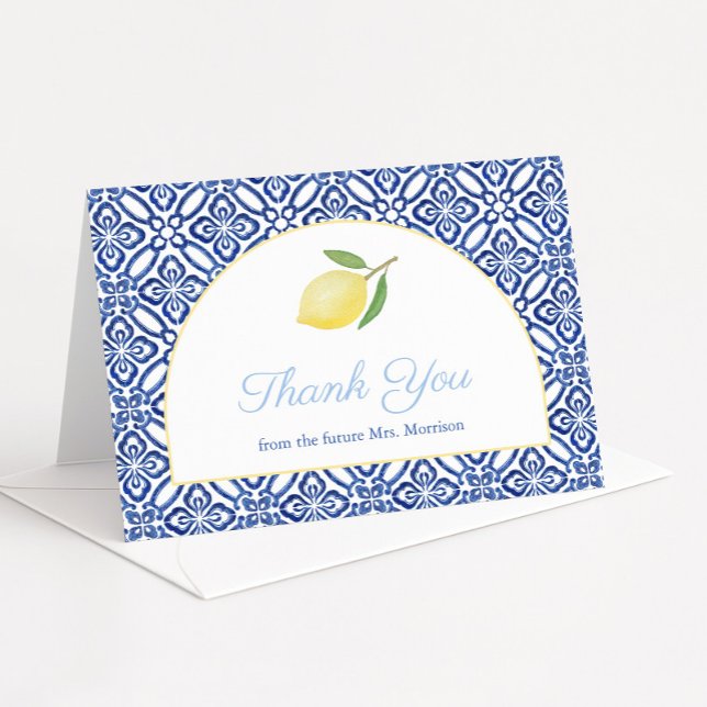 Eleganter Arch Form Amalfi Lemons Brautparty Dankeskarte (Lemons thank you card with blue tiles and modern arch detail)