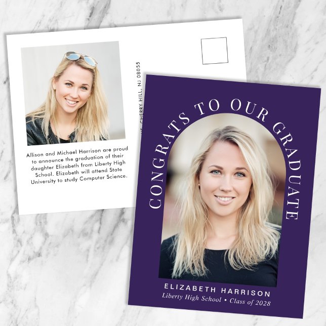 Eleganter Arch Foto Lila Abschluss Ankündigungspostkarte (Von Creator hochgeladen)