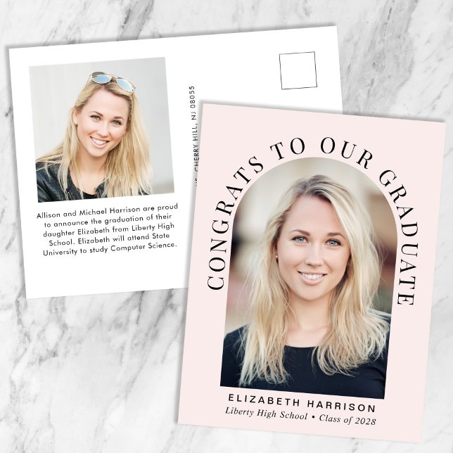 Eleganter Arch Foto Rosa Abschluss Ankündigungspostkarte (Von Creator hochgeladen)