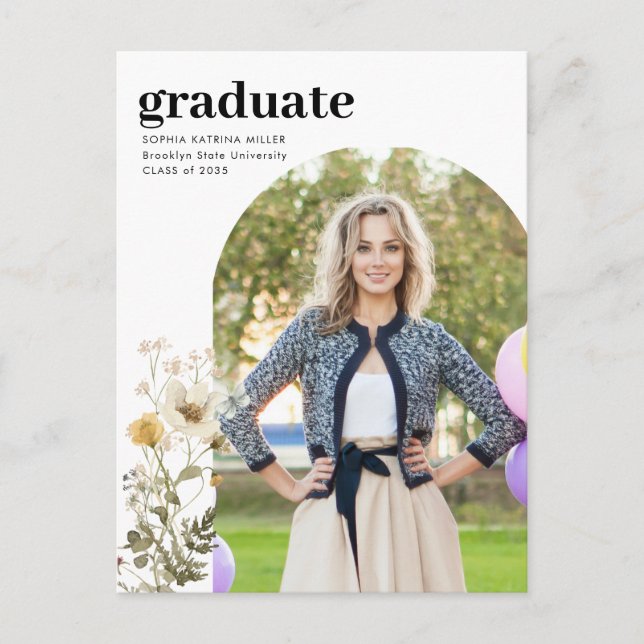 Eleganter Arch Wildblume Foto Graduate Abschluss Postkarte (Vorderseite)