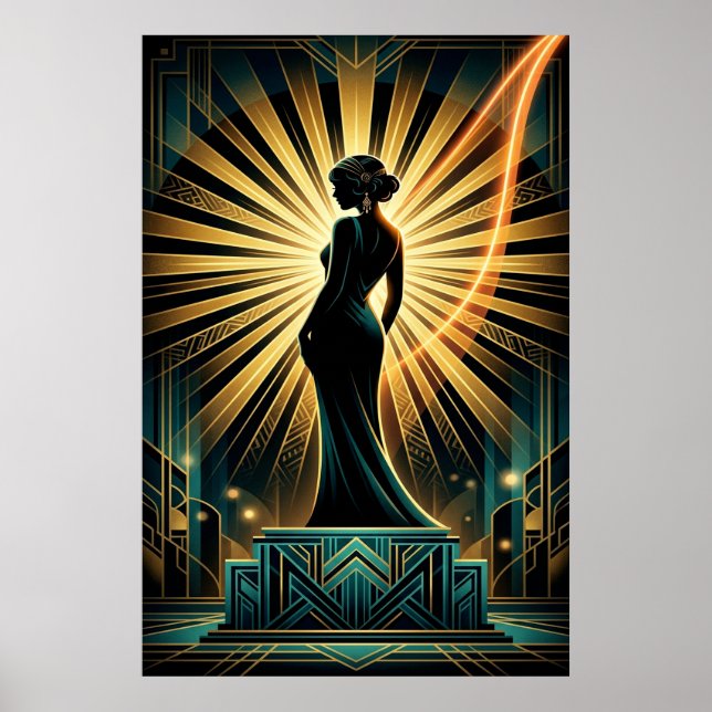 Eleganter Art Deco Frau Gold Silhouette Poster (Vorne)