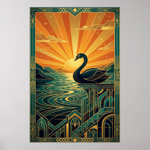 Eleganter Art Deco Schwan Sonnenuntergang See Poster