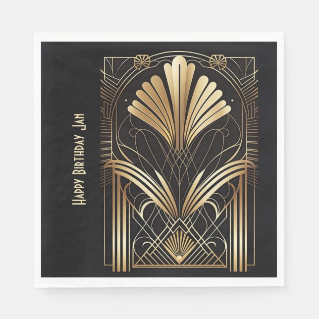 Eleganter Art-Deko schwarze und goldene Serviette  (Vorderseite)