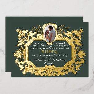 Eleganter Art Nouveau Winterwald in Gold Hochzeit Folieneinladung