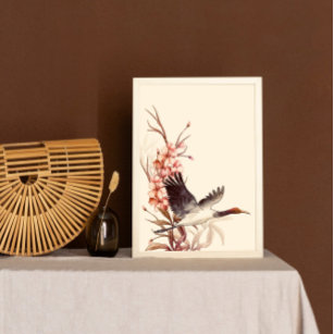 Eleganter asiatischer Blume Wasserfarbener Vogelkr Poster