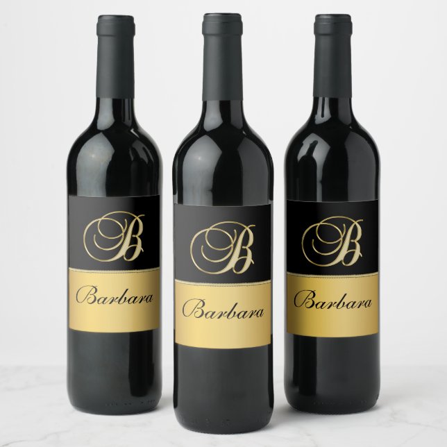 Eleganter "B" Monogramm Personalisierter Name Schw Weinetikett (Flaschen)
