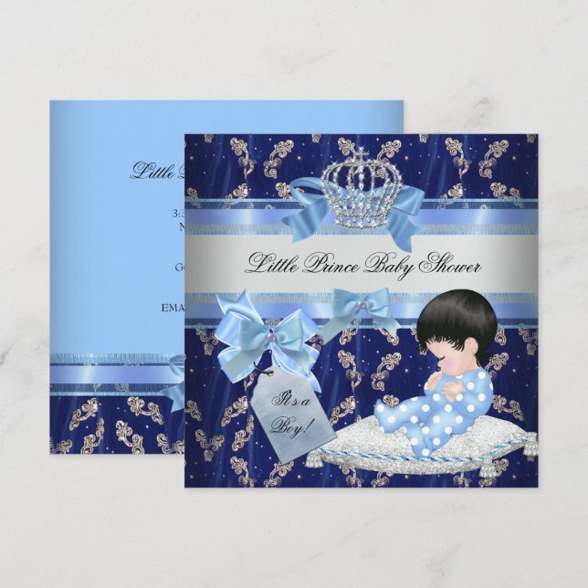 Eleganter Baby Shower Boy Blue Little Prince Crown Einladung (Vorne/Hinten)