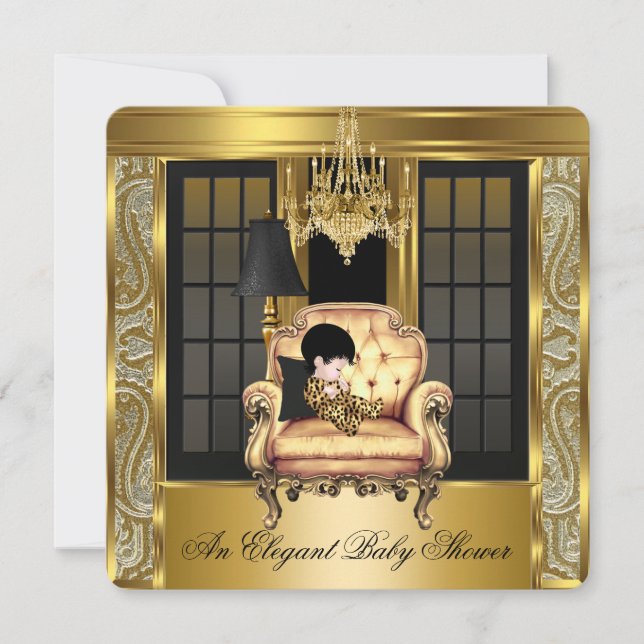 Eleganter Baby Shower Damask Chandelier Gold Stuhl Einladung (Vorderseite)