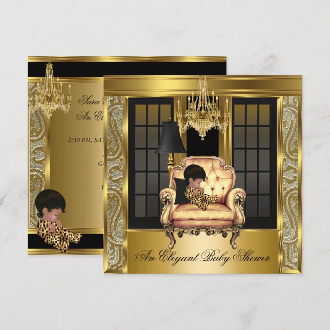 Eleganter Baby Shower Damask Chandelier Gold Stuhl Einladung (Vorne/Hinten)