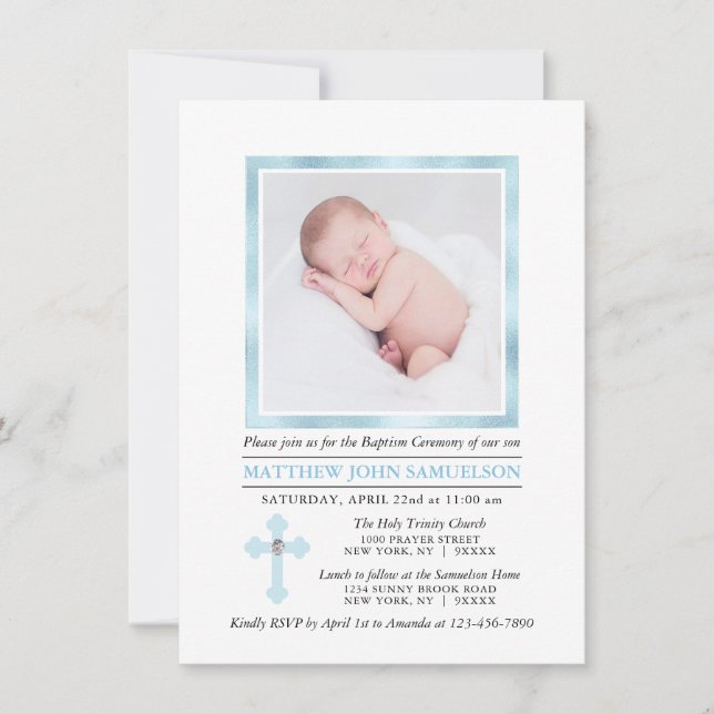 Eleganter BAPTISM CHRISTENING Cross Blue Boy | FOT Einladung (Vorderseite)