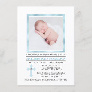Eleganter BAPTISM CHRISTENING Cross Blue Boy   FOT Einladung