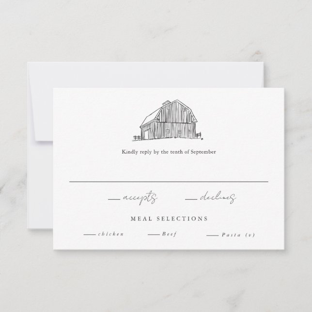 Eleganter Barn Black and White Rustic Wedding RSVP Karte (Vorderseite)