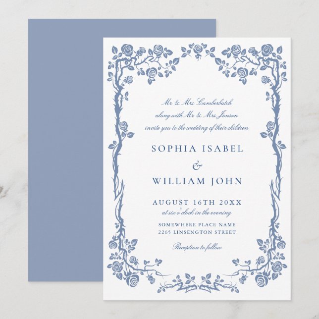 Eleganter Barock Blue French Garden Hochzeit der B Einladung (Vorne/Hinten)