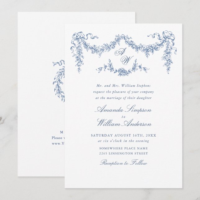 Eleganter Barock Blue French Garden Hochzeit der B Einladung (Vorne/Hinten)