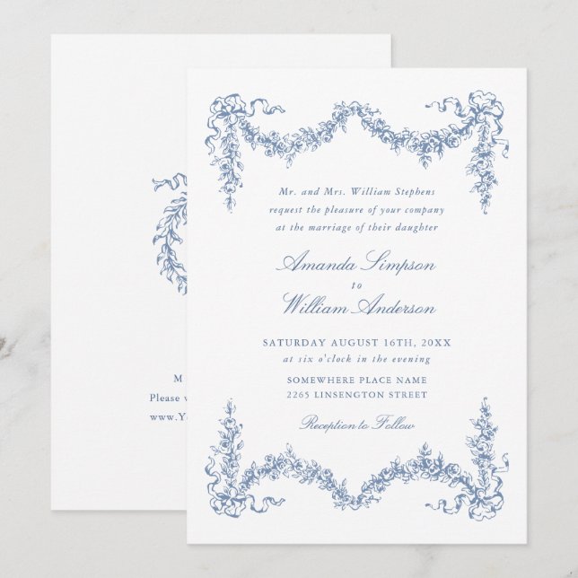 Eleganter Barock Blue French Garden Hochzeit der B Einladung (Vorne/Hinten)