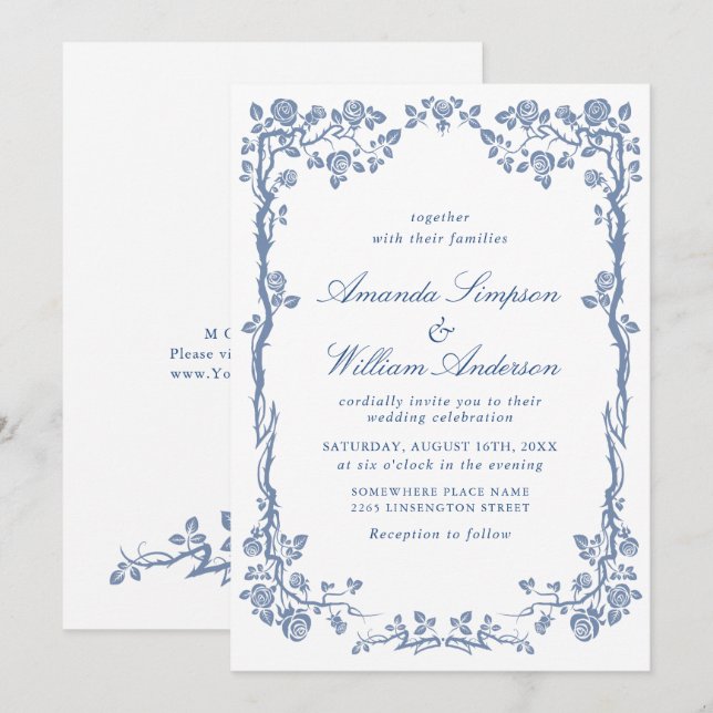 Eleganter Barock Blue French Garden Hochzeit der B Einladung (Vorne/Hinten)