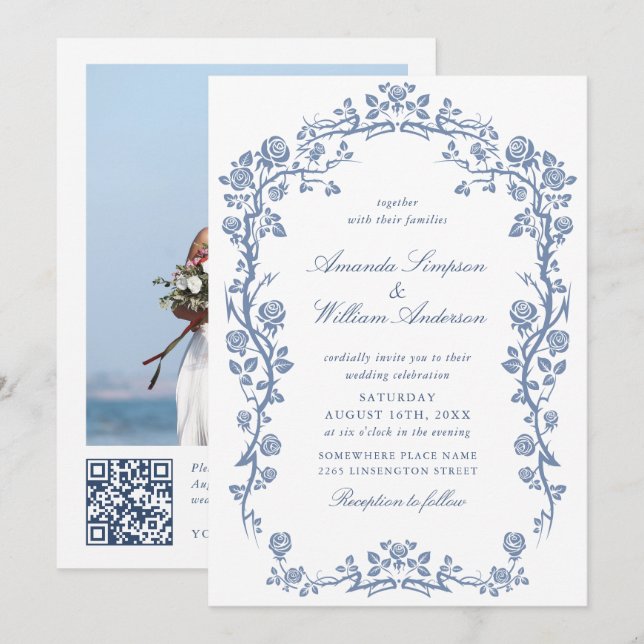 Eleganter Barock Blue French Garden Hochzeit der B Einladung (Vorne/Hinten)