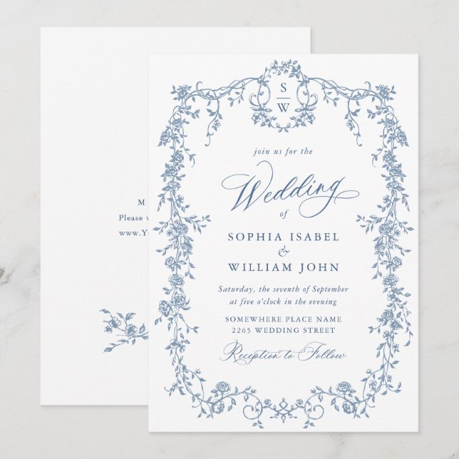 Eleganter Barock Blue French Garden Hochzeit der B Einladung (Vorne/Hinten)