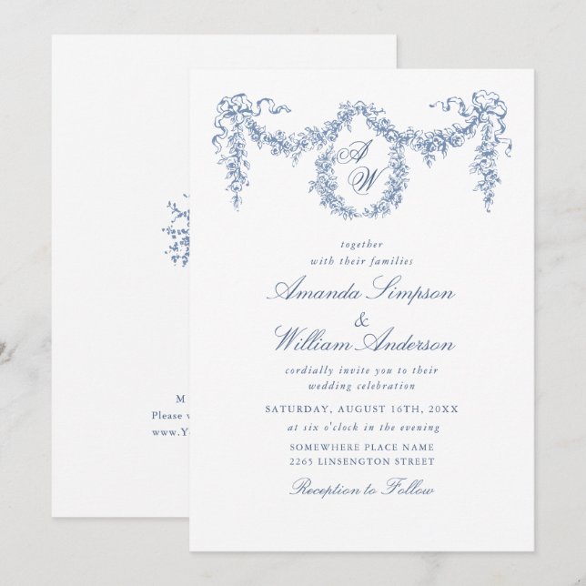Eleganter Barock Blue French Garden Hochzeit der B Einladung (Vorne/Hinten)