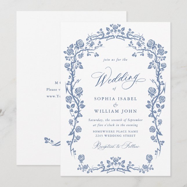 Eleganter Barock Blue French Garden Hochzeit der B Einladung (Vorne/Hinten)