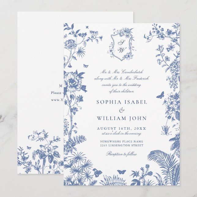 Eleganter Barock Blue French Garden Hochzeit der B Einladung (Vorne/Hinten)