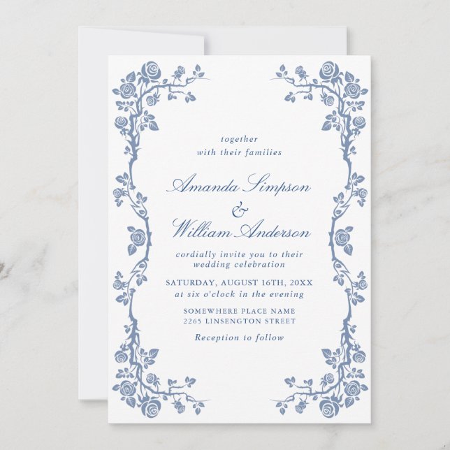 Eleganter Barock Blue French Garden Hochzeit der B Einladung (Vorderseite)