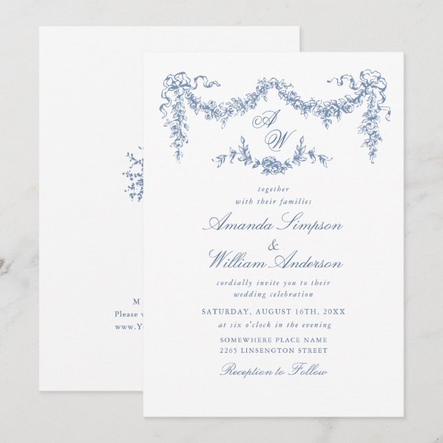 Eleganter Barock Blue French Garden Hochzeit der B Einladung (Vorne/Hinten)
