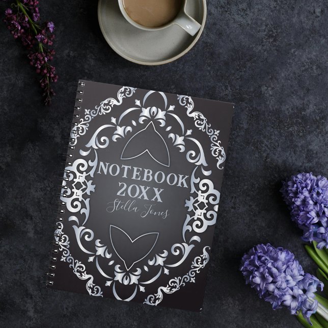 Eleganter Barock Luxus Chic Black und Silver Year Notizblock (Von Creator hochgeladen)