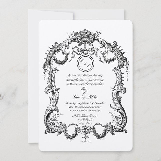 Eleganter Barock Rokoko 1746 Rahmenborder Hochzeit Einladung (Vorderseite)