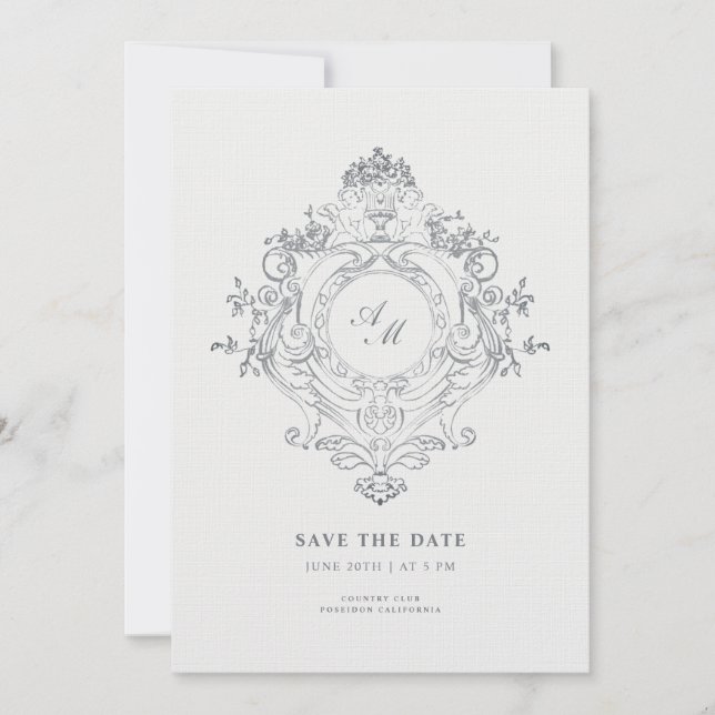 Eleganter Barock Wappen Black Style Save the Date Einladung (Vorderseite)
