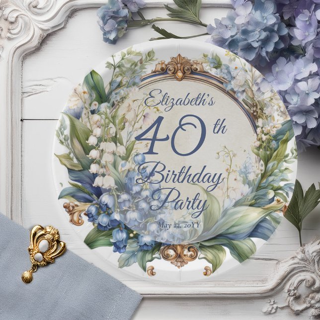 Eleganter barocker Blumenrahmen 40. Geburtstag Par Pappteller (Elegant Baroque Lily of the Valley and Hawthorn Floral Frame 40th Birthday Party Paper Plates)