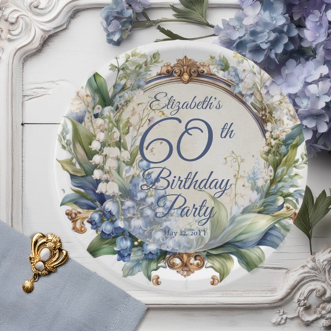 Eleganter Barockrahmen 60. Geburtstagsparty Pappteller (Elegant Baroque Lily of the Valley and Hawthorn Floral Frame 60th Birthday Party Paper Plates)