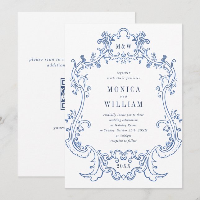 Eleganter Baroque Dusty Blue Frame Wedding QR Code Einladung (Vorne/Hinten)