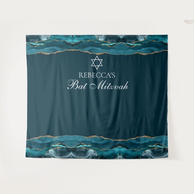 Eleganter Bat Mitzvah Party Aquamarin Gold Foto St Wandteppich (Vorderseite (Horizontal))