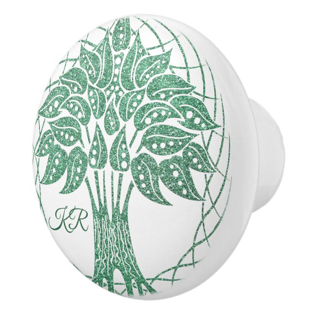 Eleganter Baum des grünen Glitzer Yoga Monogramm Keramikknauf (Rechts)