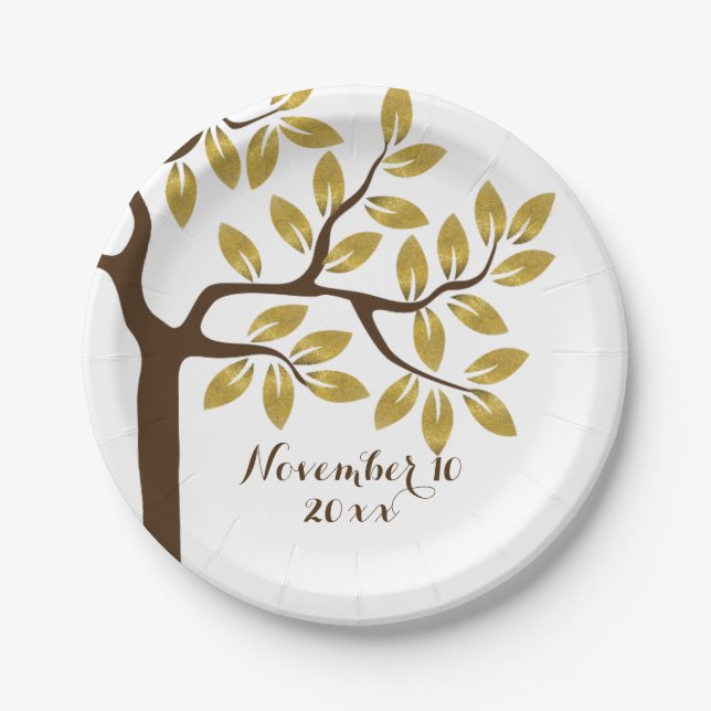 Eleganter Baum mit Goldfolie Blätter Moderne Hochz Pappteller (Vorderseite)