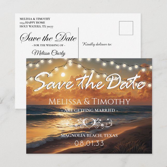 Eleganter Beach Sunset Save the Date Ankündigungspostkarte (Vorne/Hinten)