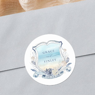 Eleganter Beach Wedding Wappen Coastal Chic Runder Aufkleber