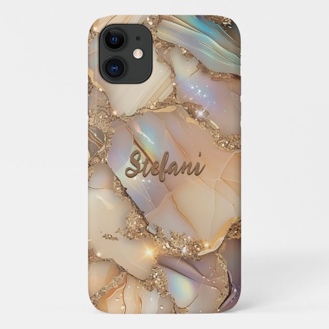 Eleganter Beige Holographic Glitzer Alcohol Ink Case-Mate iPhone Hülle (Rückseite)